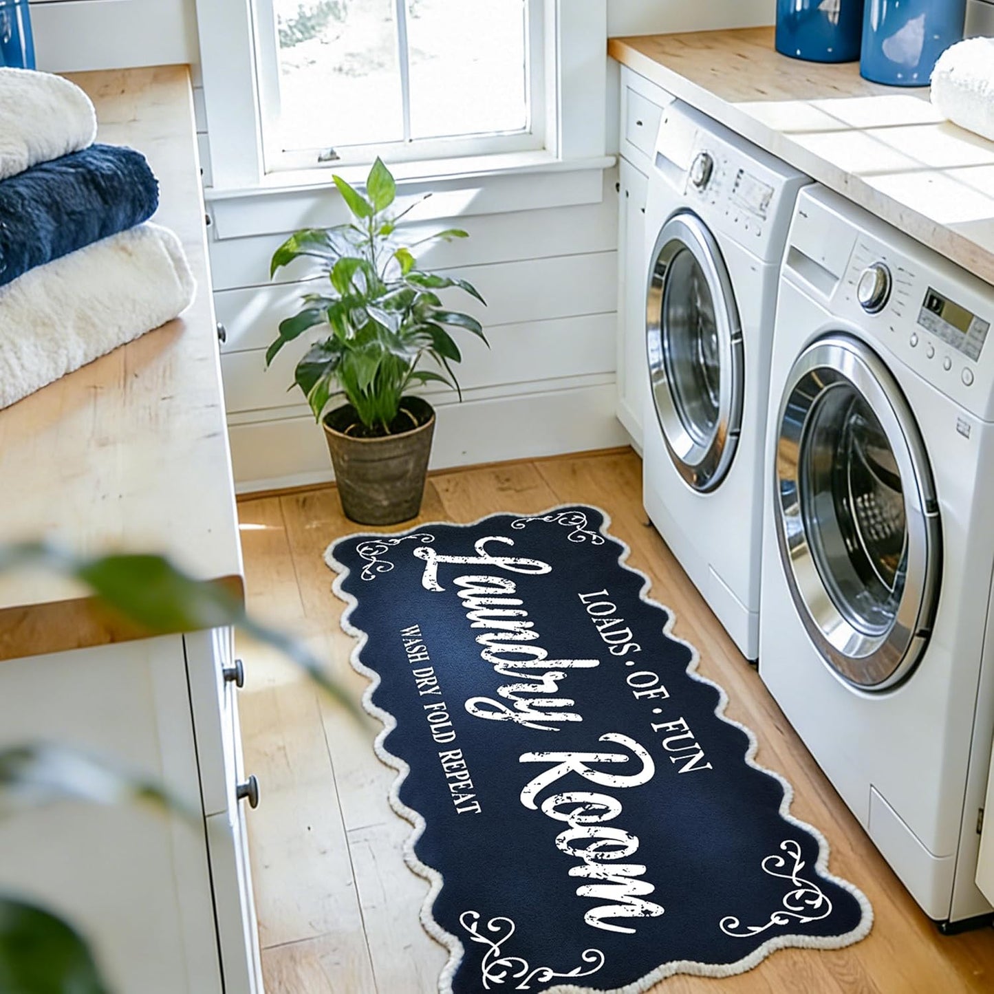 Laundry Runner Rug 20″x47″, Dark Blue Scalloped Non-Slip Washable Laundry Mat with TPE Backing – Soft Cushioned for Laundry Room Organization & Farmhouse Decor, Ideal for Kitchen, Mudroom & Bathroom