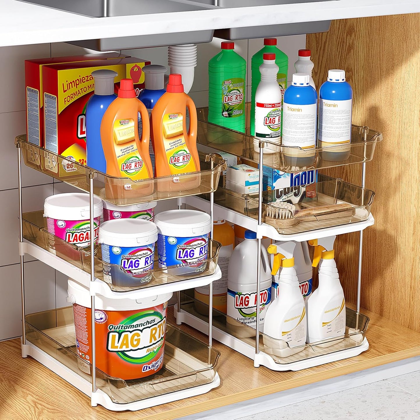 Delamu 2 Pack 3-Tier Bathroom Under Sink Organizers and Storage, Multi-Purpose Stackable Pantry Organization and Storage, Pull Out Clear Kitchen Bathroom Cabinet Organizer with Movable Dividers, Amber