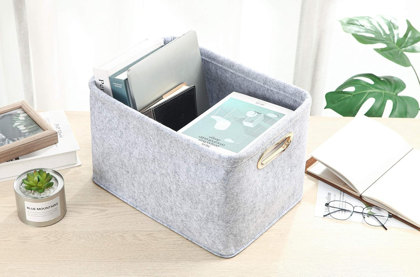 Collapsible Storage Bins Foldable Felt Fabric Storage Basket Organizer Boxes Containers with Handles Metal Handles for Nursery Toys,Kids Room,Clothes,Towels,Magazine (Light grey, 15.9L×11W×9.8H)