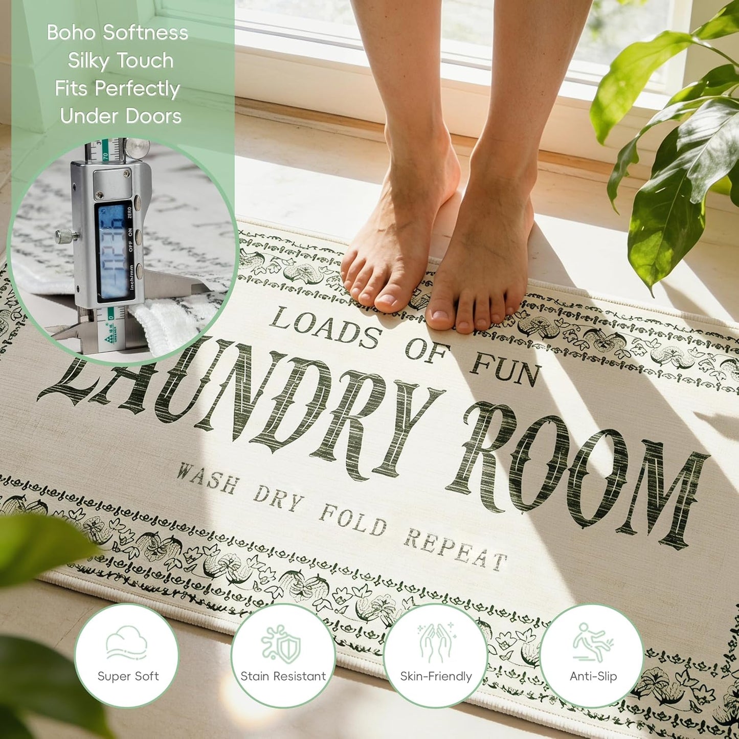 Laundry Room Rug 20"x47", Washable Boho Laundry Runner Rug with Non-Slip TPE Backing, Faux Wool Laundry Mat for Washer and Dryer, Soft Low-Profile Laundry Room Decor Rug for Kitchen, Hallway, Beige