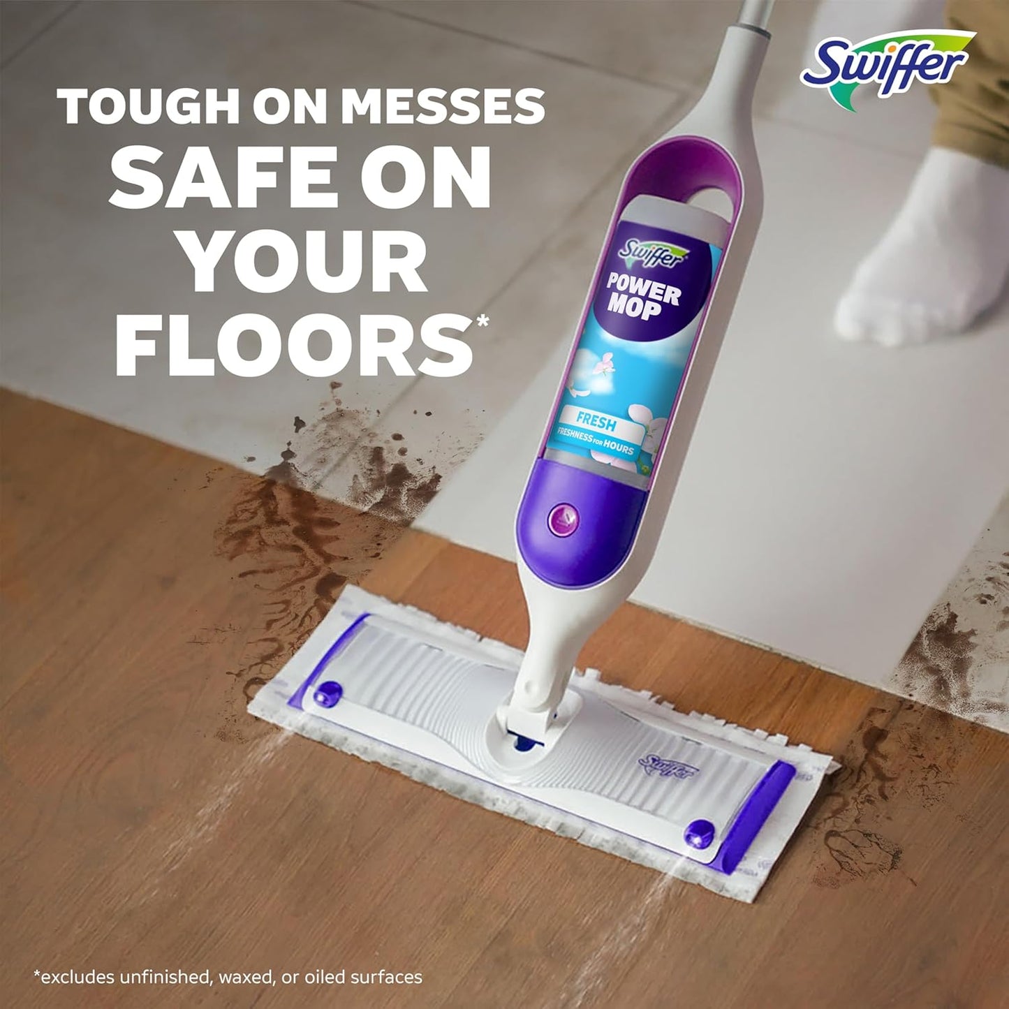 Swiffer PowerMop Mopping Kit for Floor Cleaning, Set Includes 1 Power Mop, 2 Replacement Pads, 1 Liquid Solution Refill, 2 Batteries, No Bucket Needed Electric Spray Cleaner, Multi-Surface and Wood