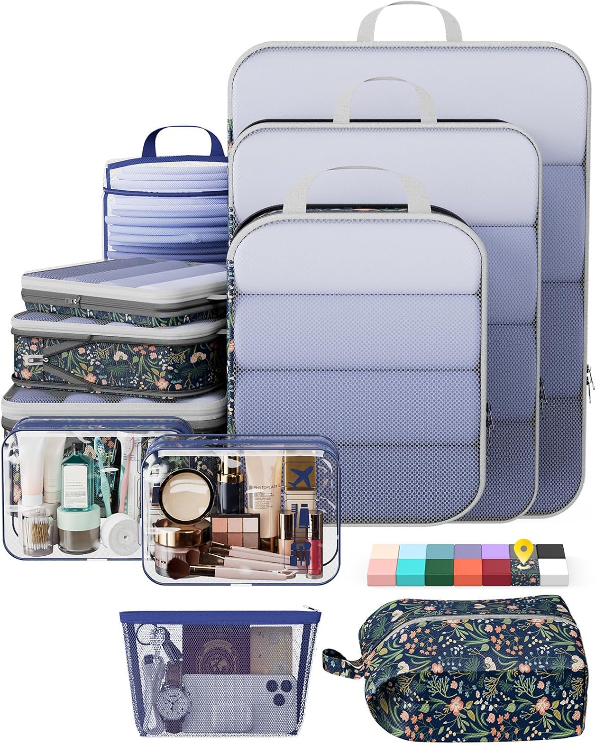 Veken 11 Set Compression Packing Cubes for Travel Essentials,Compressible Expandable Large Luggage Suitcase Organizer Bags for Clothing,Durable Space Saver Storage Bags(Dark Blue Floral)
