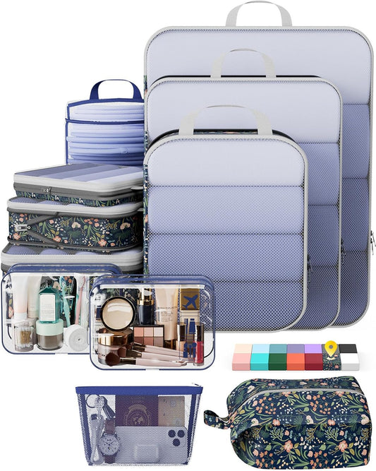 Veken 11 Set Compression Packing Cubes for Travel Essentials,Compressible Expandable Large Luggage Suitcase Organizer Bags for Clothing,Durable Space Saver Storage Bags(Dark Blue Floral)