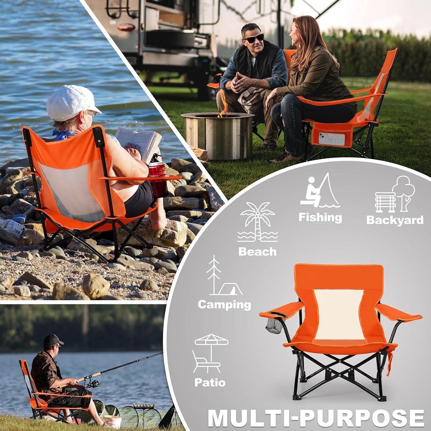 Joyfair Beach Camping Chair (2 Pack), Outdoor Folding Chair for Adults, Heavy Duty Portable Chair for Outside Fishing, Lawn, Sport, Patio, Armrest Cup Holder & Storage Pocket, Carry Bag (Orange)