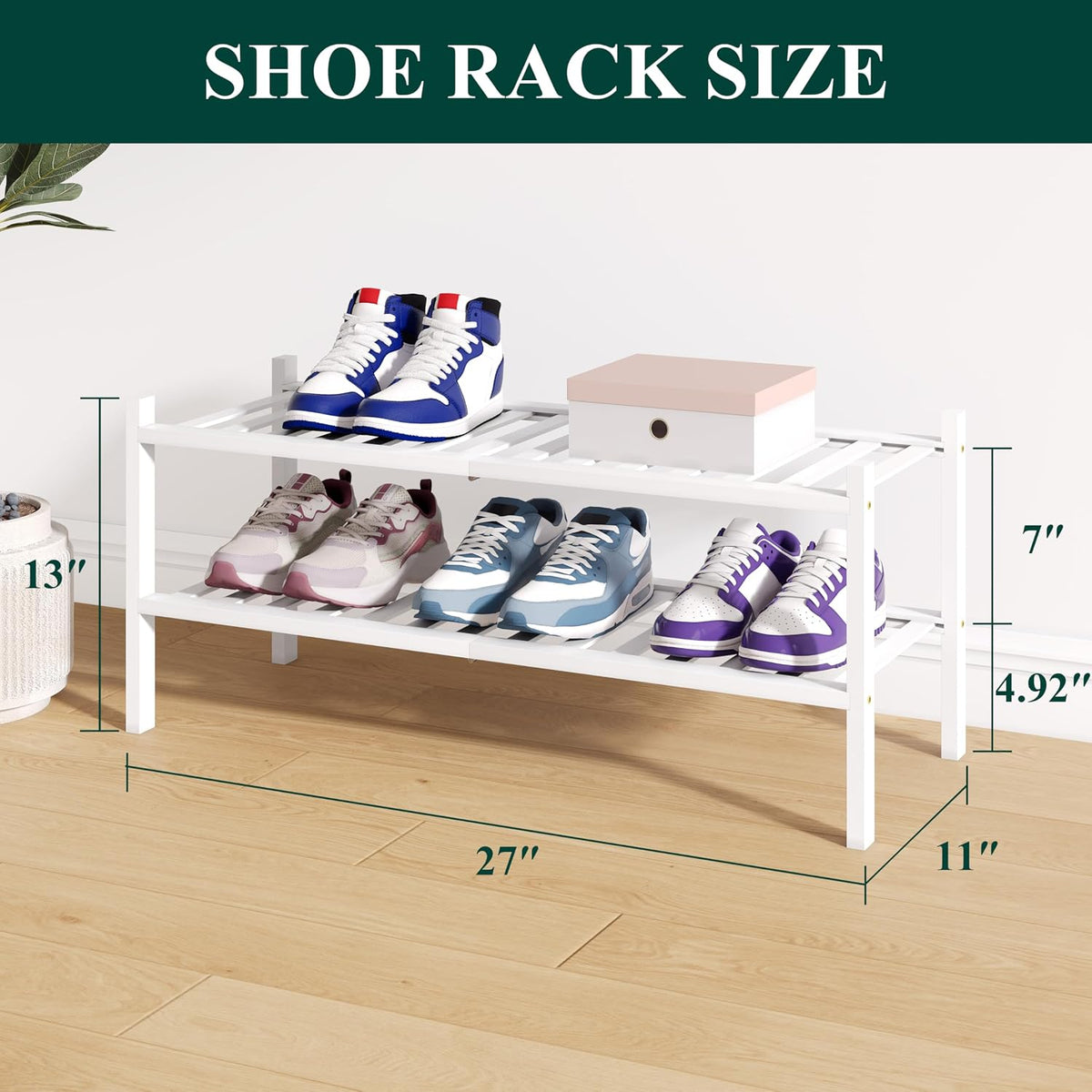 Smiry Bamboo Shoe Rack for Closet, 2 Tier - 26.77" Wide, White