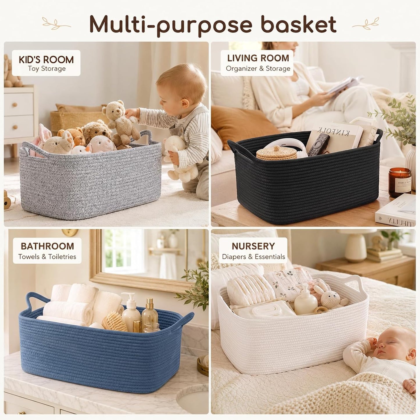 OIASKET Large Empty Cotton Rope Gift Basket with Handles, 16.5"x12.6"x7" Decorative Woven Storage Basket with Gift Bag and Ribbon Set for Baby Shower, Toy Organizer for Kids, Dogs & Cats - Grey