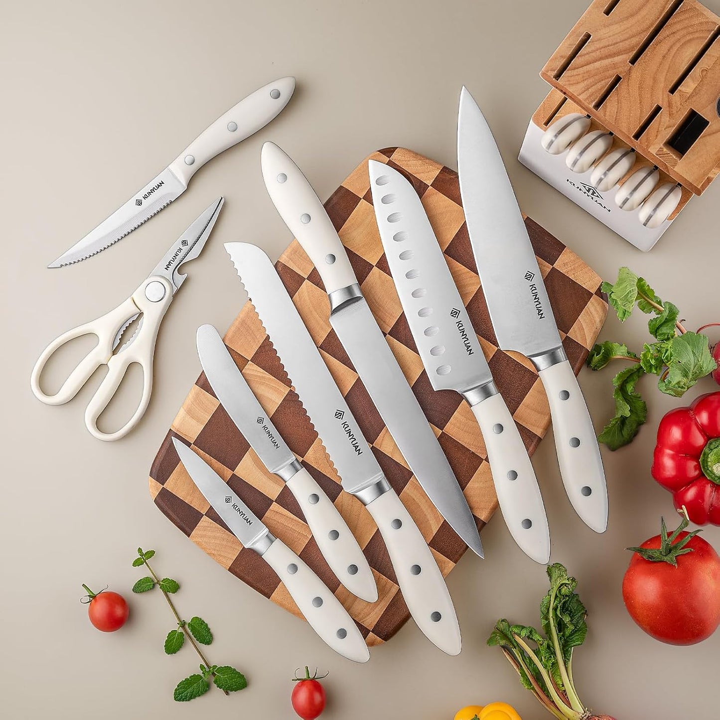Knife Set, KUNYUAN 15 pieces Knife Sets for Kitchen,High Carbon German Stainless Steel Knife Block Set with Built in Sharpener Block,Dishwasher Safe Kitchen Knives, White