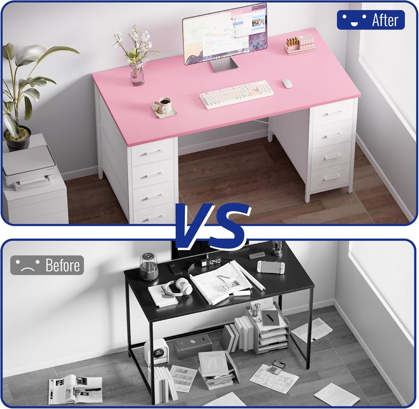 Pamray 47 Inch Computer Desk with 8 Fabric Drawers PC Gaming Desk Home Office Study Work Writing Table for Bedroom White
