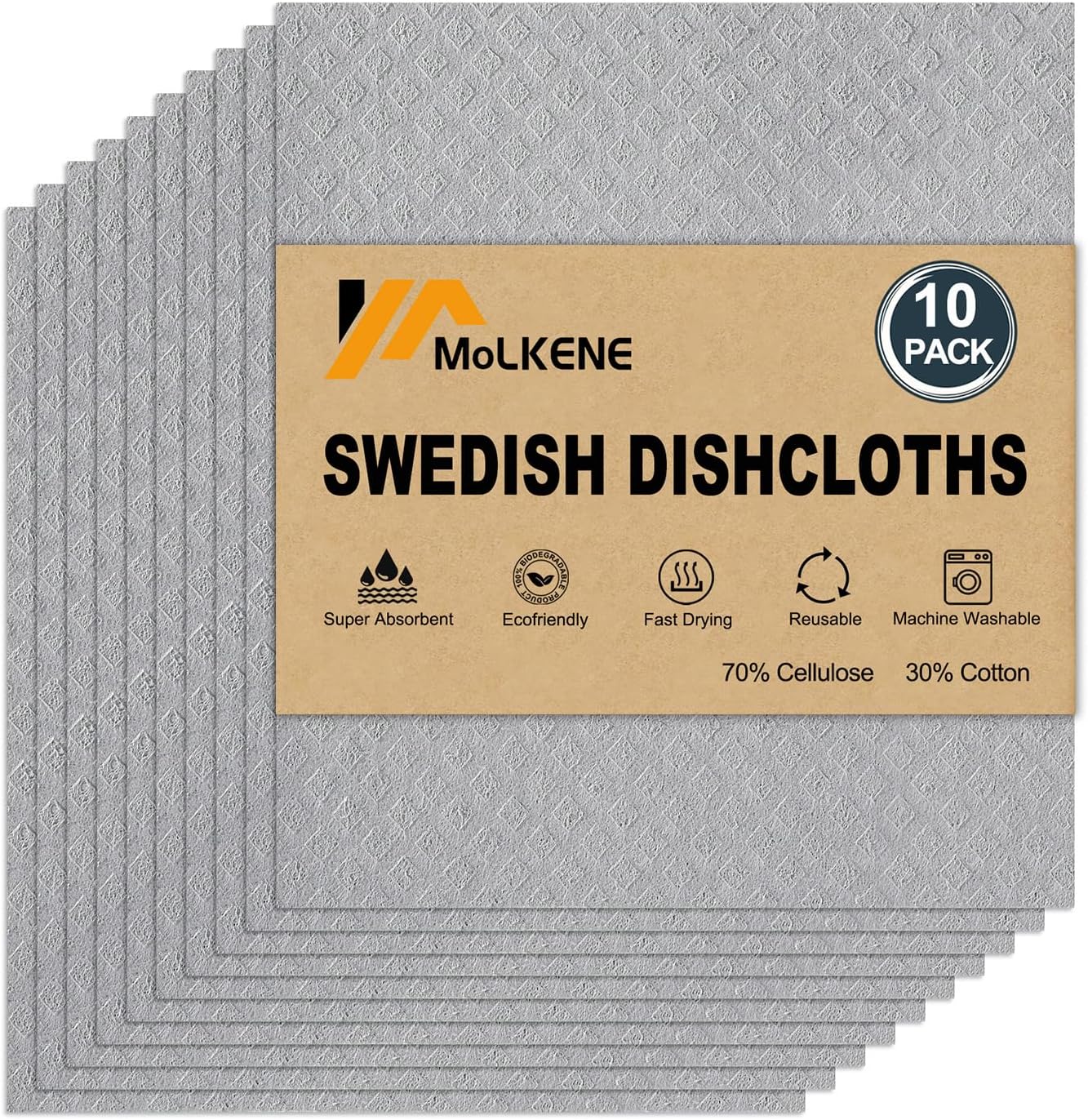 MoLKENE Swedish Dishcloths for Kitchen | 10 Pack Absorbent Cellulose Sponge Cloths Washable | Non-Scratch Reusable Paper Towels Quick Drying Cleaning Rag - Grey