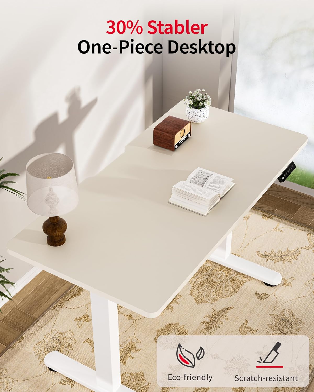 Okin Standing Desk Electric Adjustable Computer Whole Piece Stand up Desk Office Gaming Home Office Memory Desks 48x24 inches Cream Brown