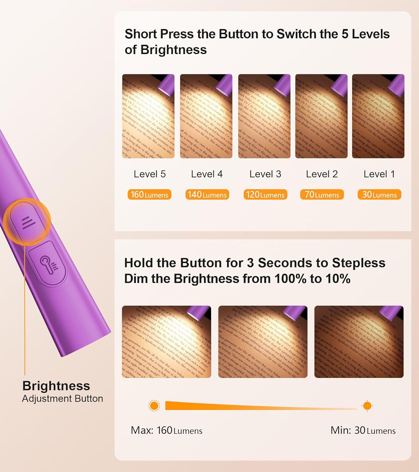 Gritin Book Light, Eye Caring 4-Color & 5-Brightness Neck Light Reading Light- Stepless Dimming,30-min Timer,80+ Hrs Runtime,Bendable Round Neck Design, Lightweight for Reading-Dark Purple