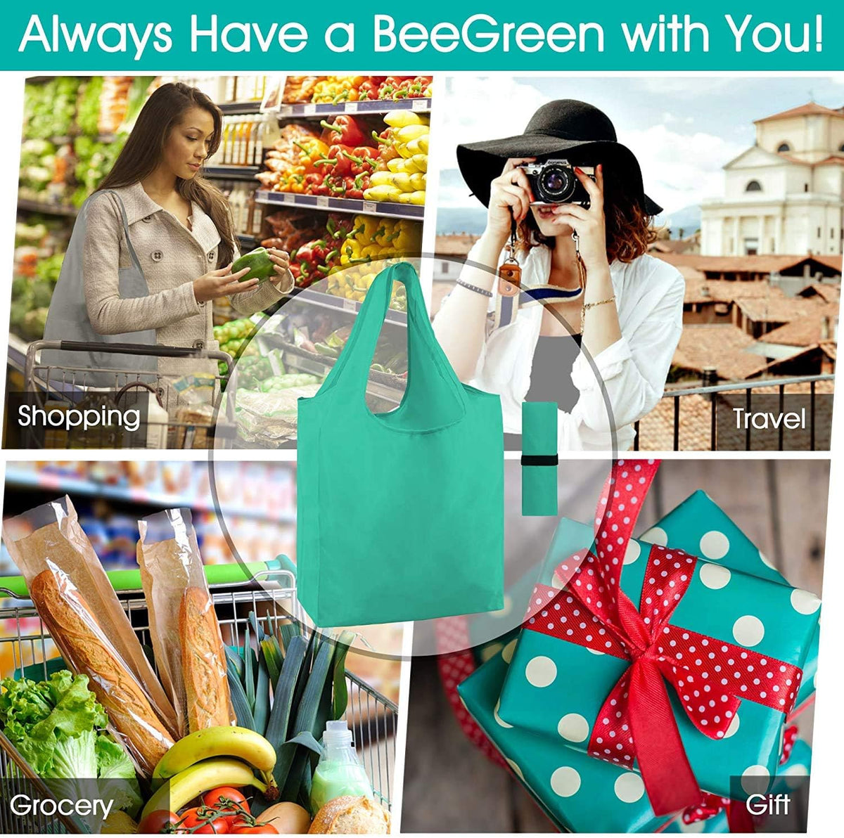 BeeGreen Groceries Reusable Bags for Shopping Compact Cute Solid Color Cloth Grocery Totes Set of 12 Fold up Packable Recycling Shopper Baggies w Zipper Carry Pouch for Supermarket