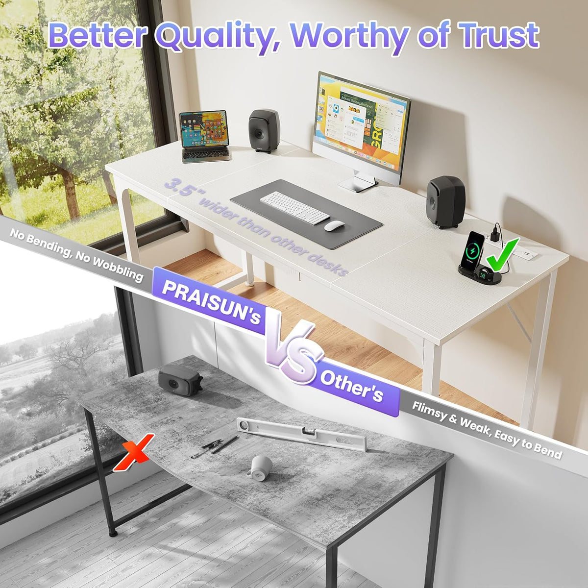 PRAISUN 63 X 24 Inch Office Computer Desk with Power Outlets and USB-C Port, Larger and Longer Gaming Desk, for Home Office, Study, Writing Work from Home Table, Metal Frame, Rustic Brown