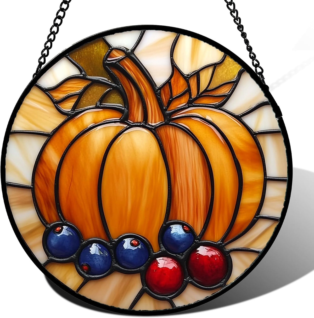 DASTOLL Stained Glass Window Hanging Fall Pumpkin Berries Large 15" - Suncatcher Door Garden Kitchen Sunroom Sun Catcher Autumn Home Decor Birthday for Mom Grandma Men Woman