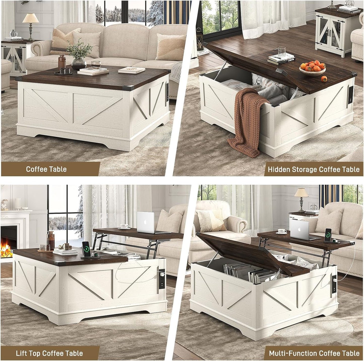Hlivelood 40” Large Farmhouse Lift Top Coffee Table with Power Outlets and Large Hidden Storage, Square Wood Living Room Tables, Multi-Function Lift Wooden Barn Door Center Table, Rustic White