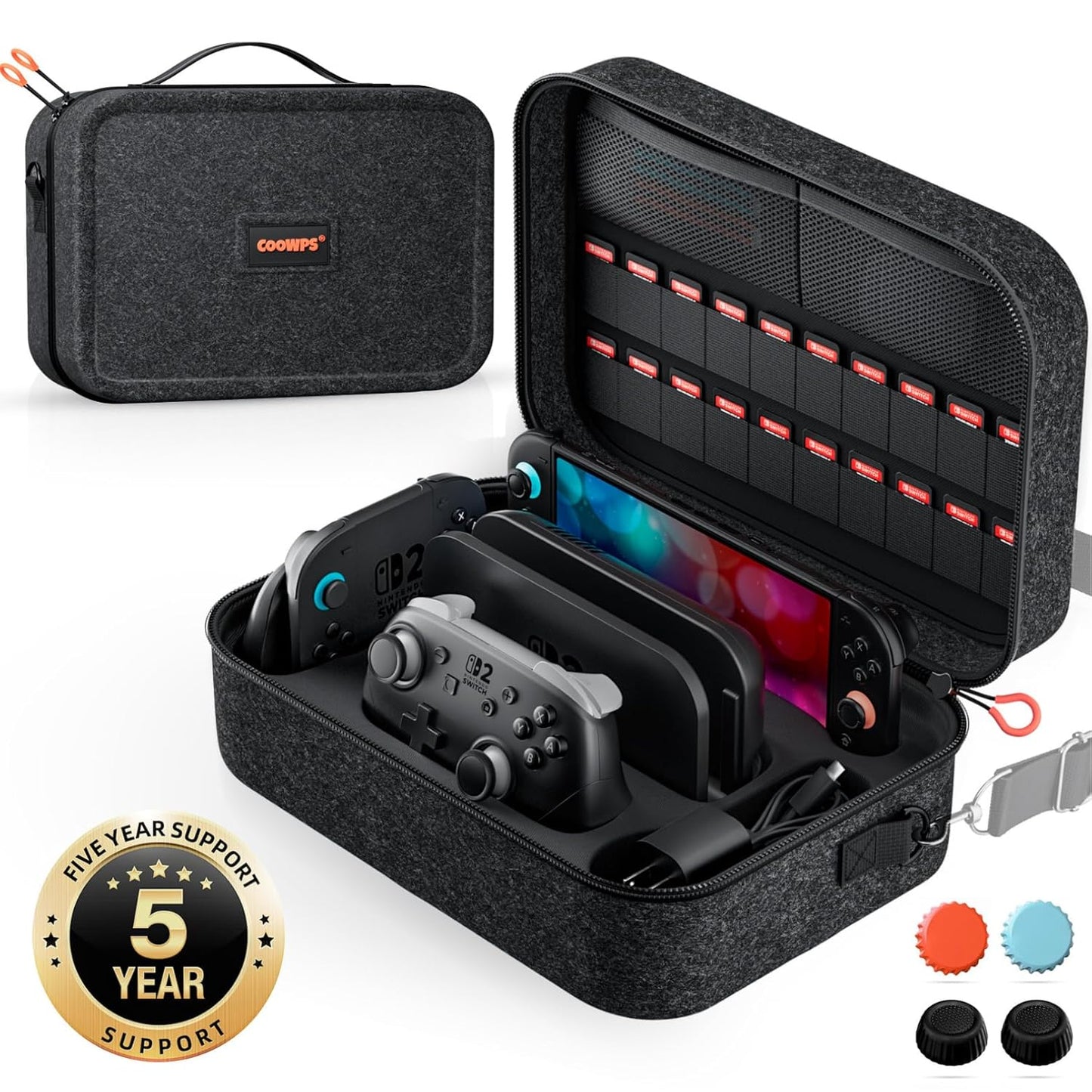 COOWPS Switch 2 Case for Nintendo Switch 2, with 4Pcs Thumb Grips, 20 Game Card Slots, Portable Full Protection All In One Travel Storage Case for Switch 2 Console Pro Controller Accessories