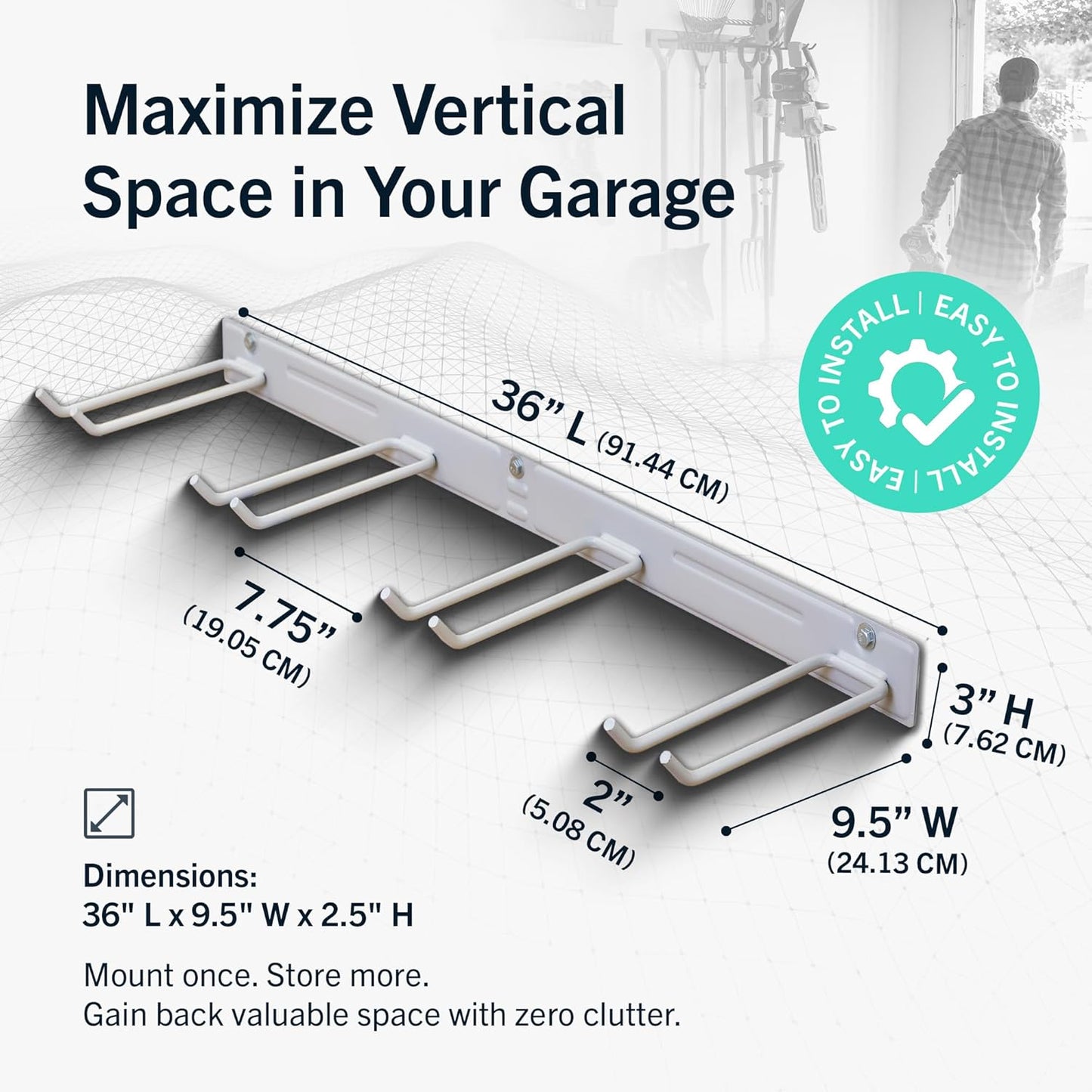 StoreYourBoard 36" Garage Tool Organizer Wall Mount | Garden Tool Organizer System | Heavy Duty Garden Tool Storage Rack for Yard Tools Rakes Shovels 250lbs Garage Organization | 4 PVC Coated Hooks