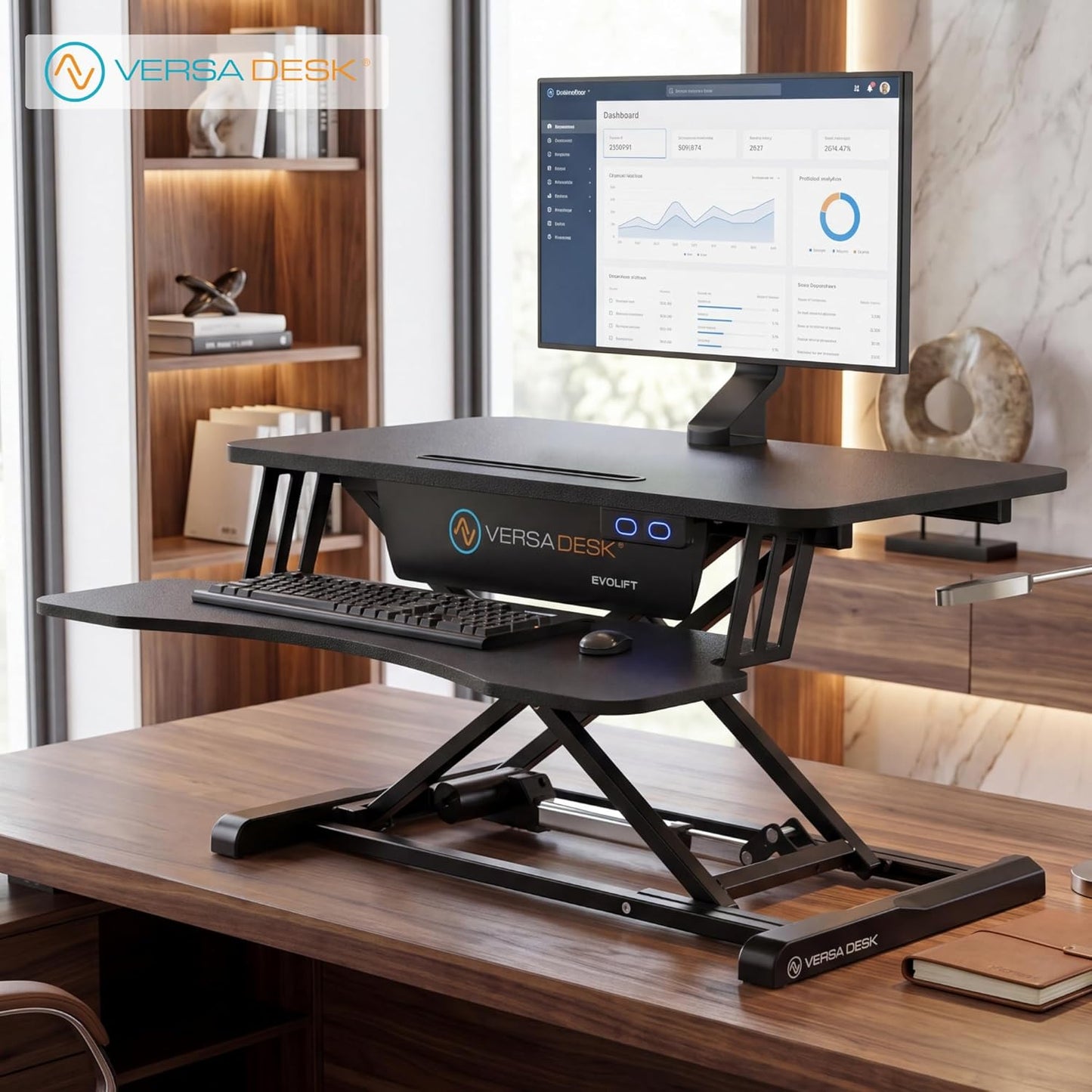 VERSADESK EvoLift 32" Electric Standing Desk Converter, Sit to Stand Motorized Desk Riser, 1-Button Easy Lift, Dual Monitor Workstation, Wide Keyboard Tray, Built-in Device Stand, Black
