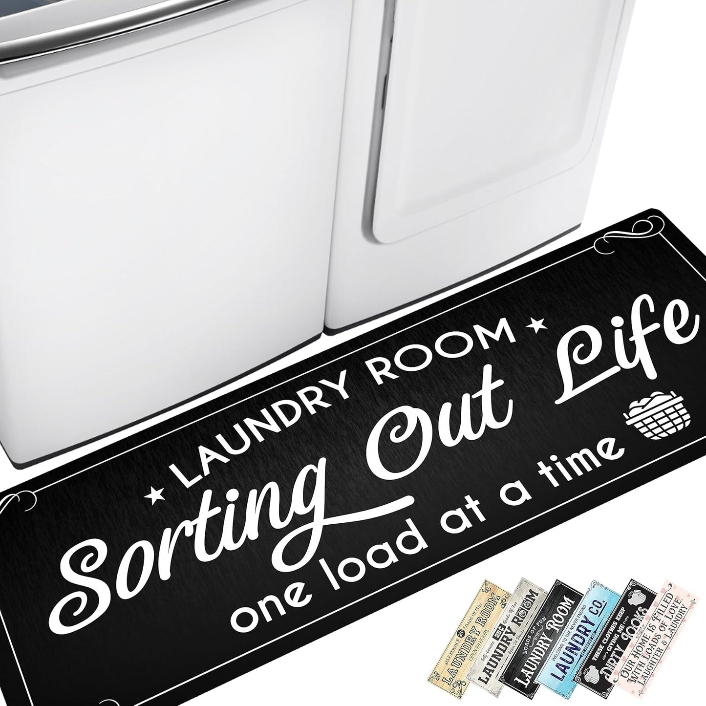 Tapeera Farmhouse Laundry Mat - 20" x 59" Non-Slip Rubber Backed Rug for Bathroom & Laundry Room Decor (Black)