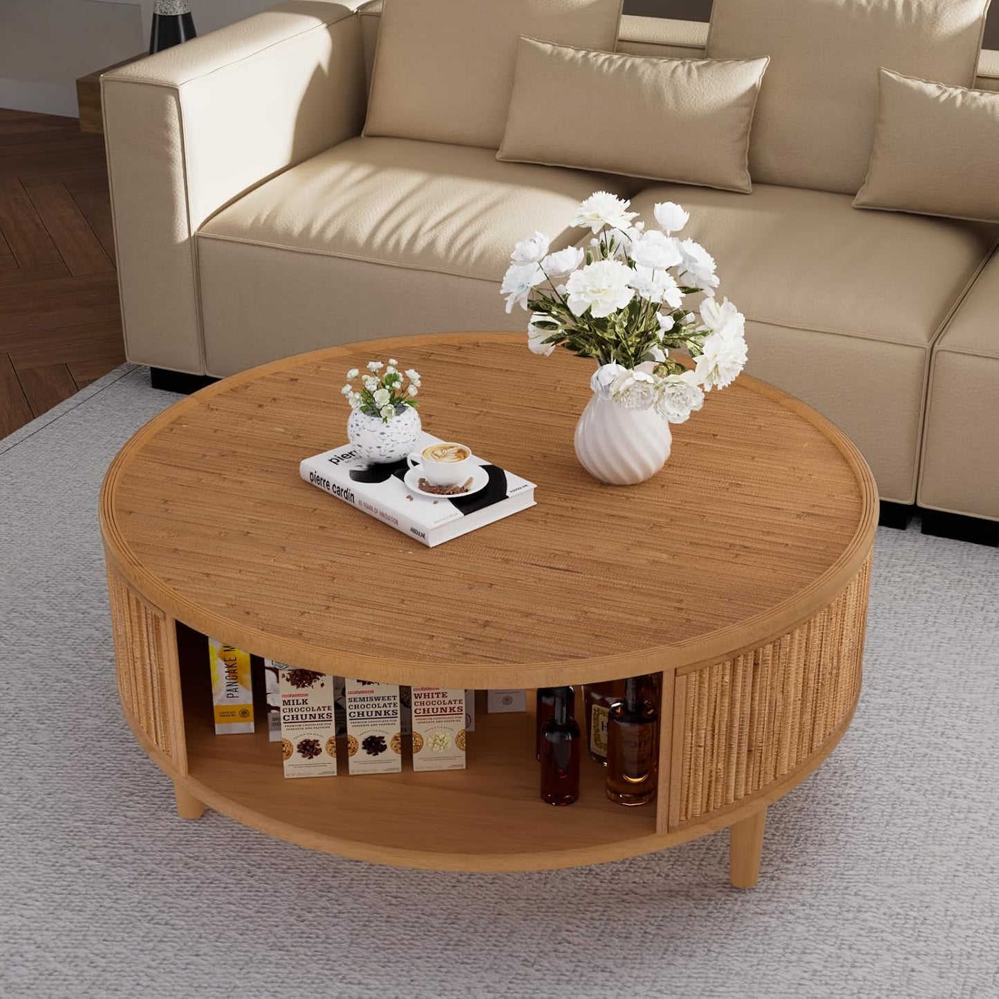 Round Coffee Table with Opening Storage Space (H Bamboo Woven 30.5in) | Farmhouse Circle Center Table for Living Room Easy to Assemble & Maintain
