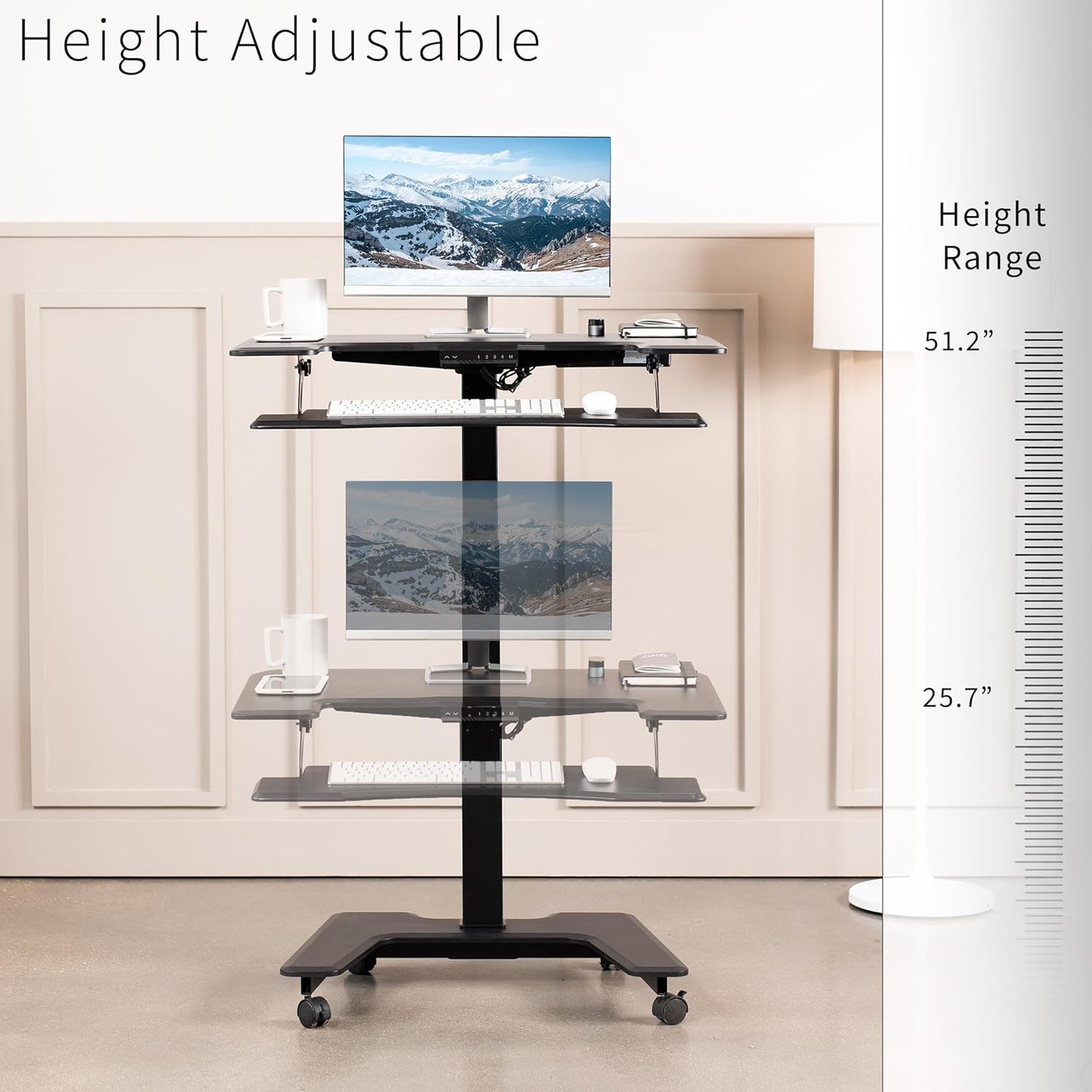 VIVO Black Electric Mobile Height Adjustable 36 inch Dual Platform Standing Desk with Wheels, Rolling Small Space Table, Sit Stand Workstation, DESK-V111VT