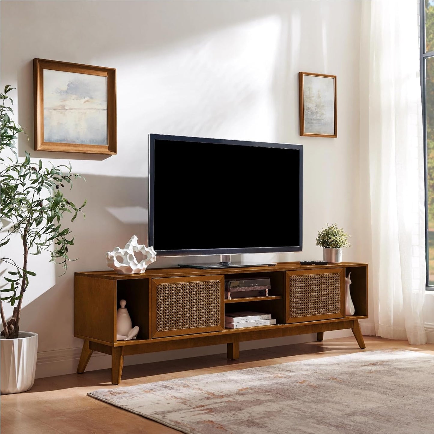 LKTART 68" Mid Century Modern TV Stand,Rattan Media Console for Living Room | Real Wood Veneer Entertainment Center,Long Boho Media Console Mid Century TV Stand for 60/65/70/75 inch TVS,Light Walnut