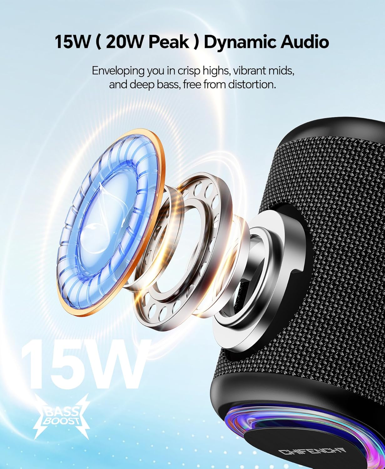 Portable Bluetooth Speaker Beach Essentials: Powerful Crystal Clear Sound/Dynamic Light/IPX5 Waterproof/All Day Playtime/Wireless BT 5.3/TWS Paring, Dad Gifts, Outdoor|Travel|Camping|Pool Accessories