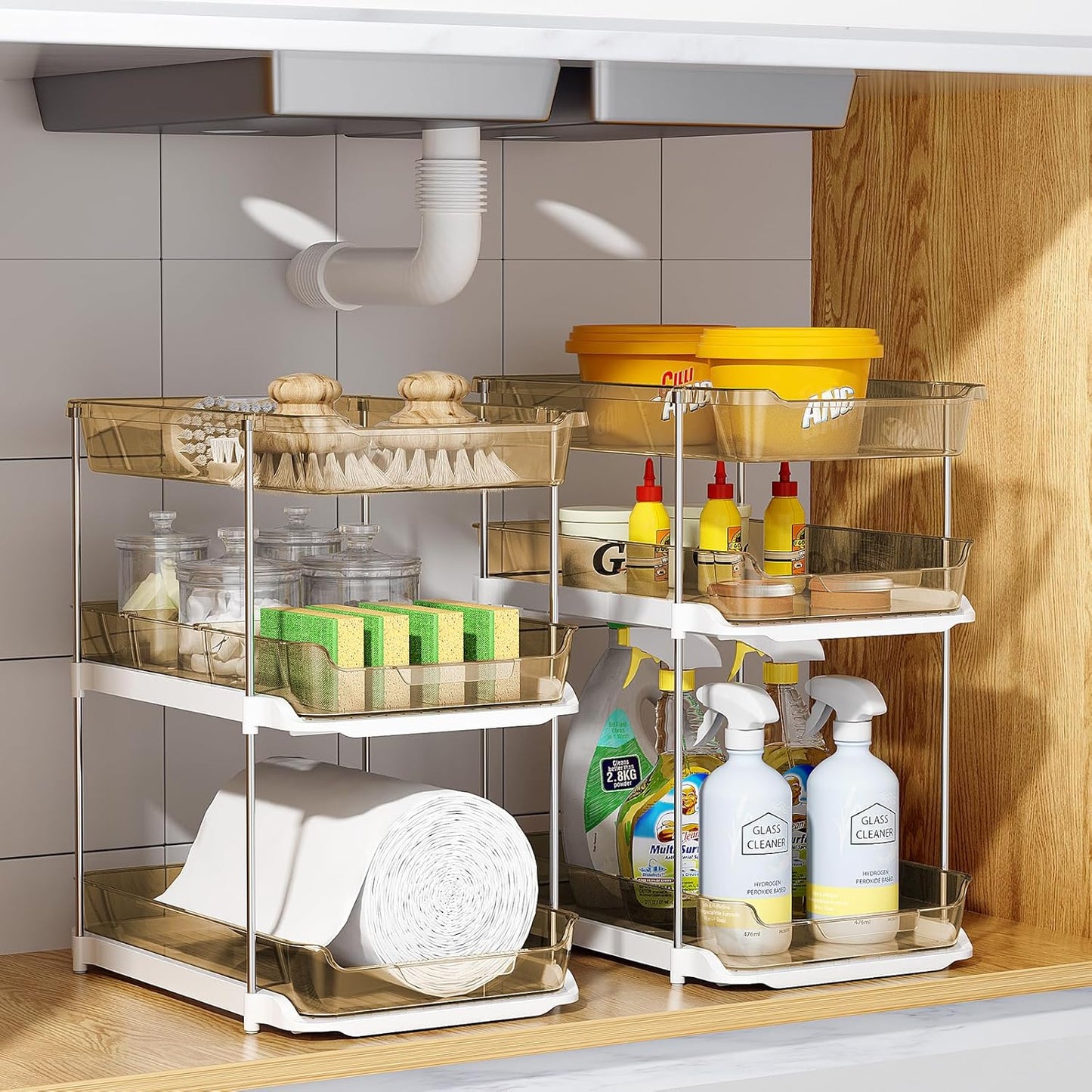 Delamu 2 Pack 3-Tier Bathroom Under Sink Organizers and Storage, Multi-Purpose Stackable Pantry Organization and Storage, Pull Out Clear Kitchen Bathroom Cabinet Organizer with Movable Dividers, Amber