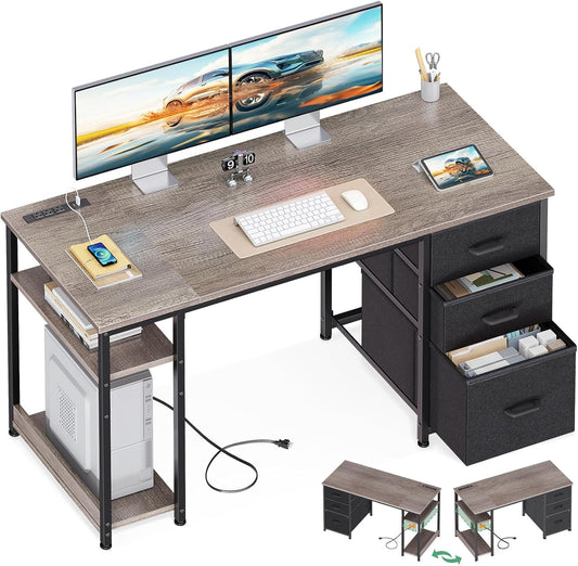 AODK 51 Inch Computer Desk with Drawers & USB Power Outlets - Reversible Home Office Desk with Storage Shelves, Work from Home, Modern Work/Writing/Study Table for Bedroom, Grey Oak