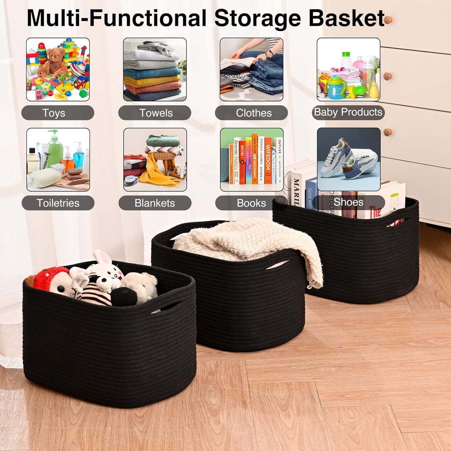 ICERZCZ Black Storage Baskets for Organizing Shelves, Toy Basket for Nursery, Woven Cotton Rope Basket for Decor, Towel Baskets for Bathroom, 15"x11"x9.5", 3 Packs, Black