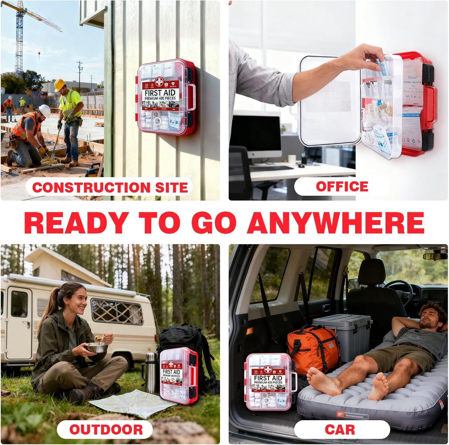 400 Pieces All-Purpose First Aid Kit - Organized Dual-Layer Wall - Professional Medical Kit for Home, Car, Camping, Travel, Office, Outdoor, Business & Sports