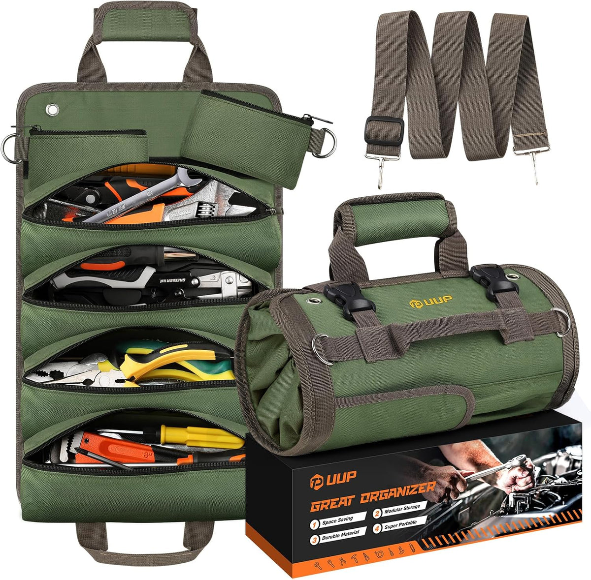 Tool Bag Roll Up, UUP Heavy Duty Portable Soft Tool Storage, Foldable Empty Rollup Organizer with Small Pockets, Official Rollable Toolbag, Father Day Gifts for Him Dad Men Mechanic Welding, Green