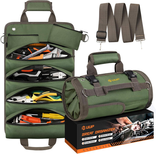 Tool Bag Roll Up, UUP Heavy Duty Portable Soft Tool Storage, Foldable Empty Rollup Organizer with Small Pockets, Official Rollable Toolbag, Father Day Gifts for Him Dad Men Mechanic Welding, Green