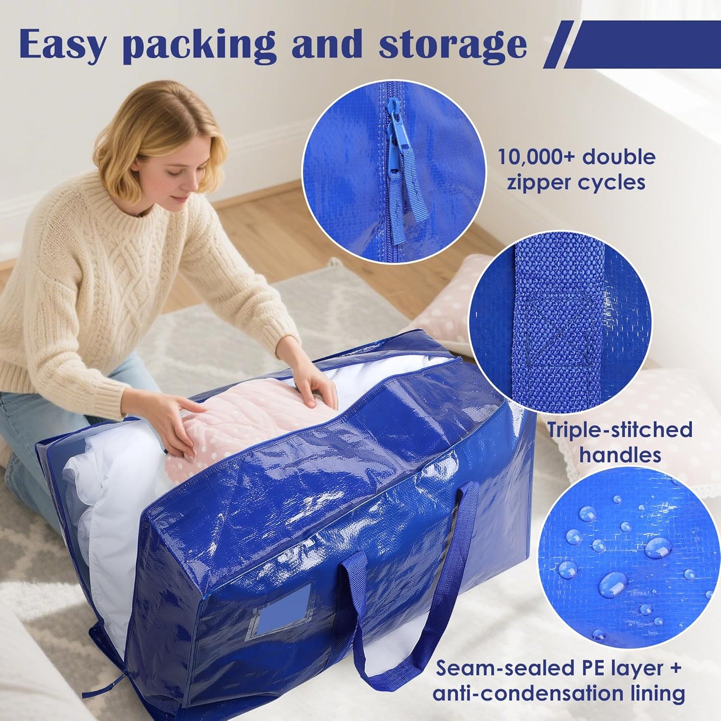 6 Pack Moving Bags with Full-Open Side Zipper, Extra Large 93L Heavy Duty Waterproof Foldable Storage Totes for College Dorm, Moving & Home Organization,Blue