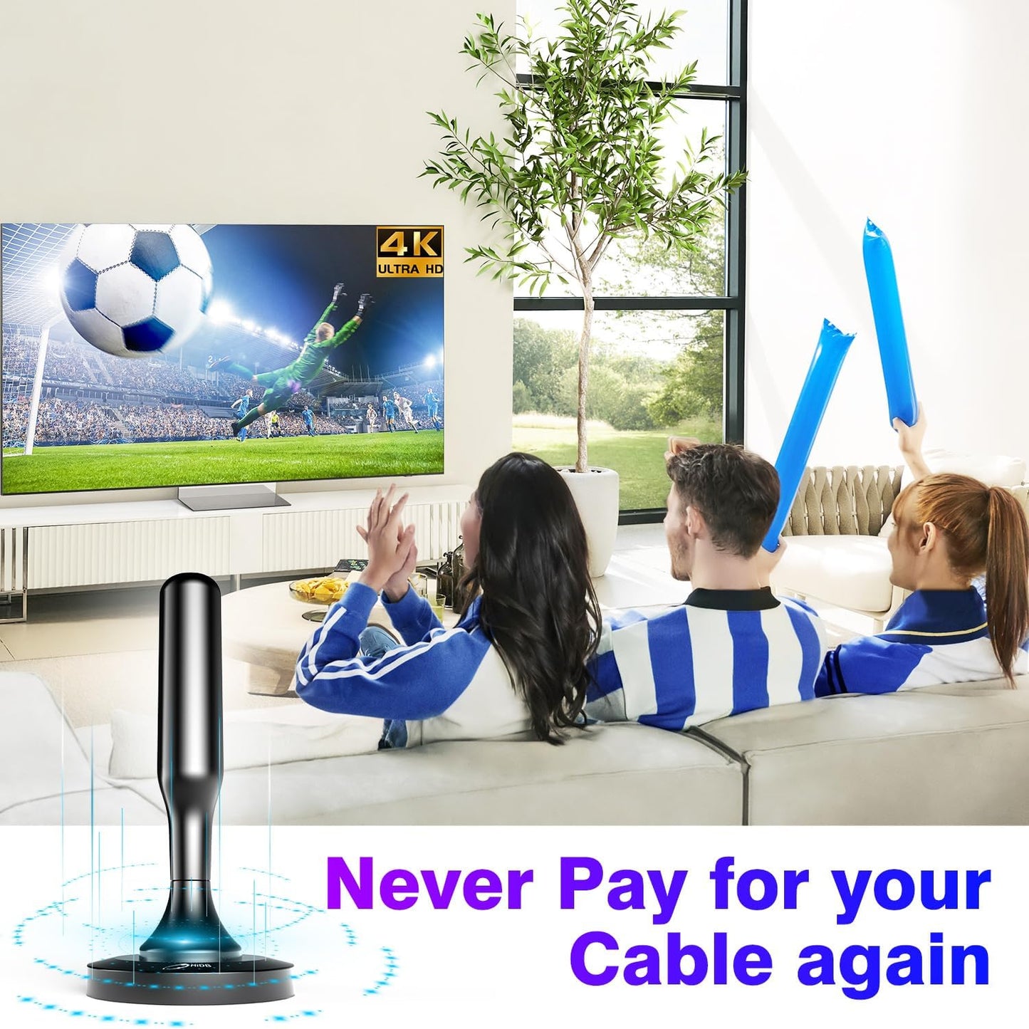 HIDB TV Antenna for Smart TV Indoor, Digital Indoor TV Antenna for Local Channels with Strong Magnetic Base, Easy Installation, Long Range Reception, 4K HD 1080P, 10ft Cables