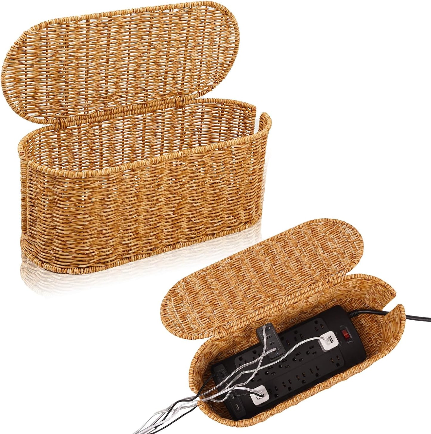 Cable Management Box, Handmade Rattan Cord Organizer for Power Strip | Large Oval Cord Hider with Open Slots for Power Strip, Router & USB Hub