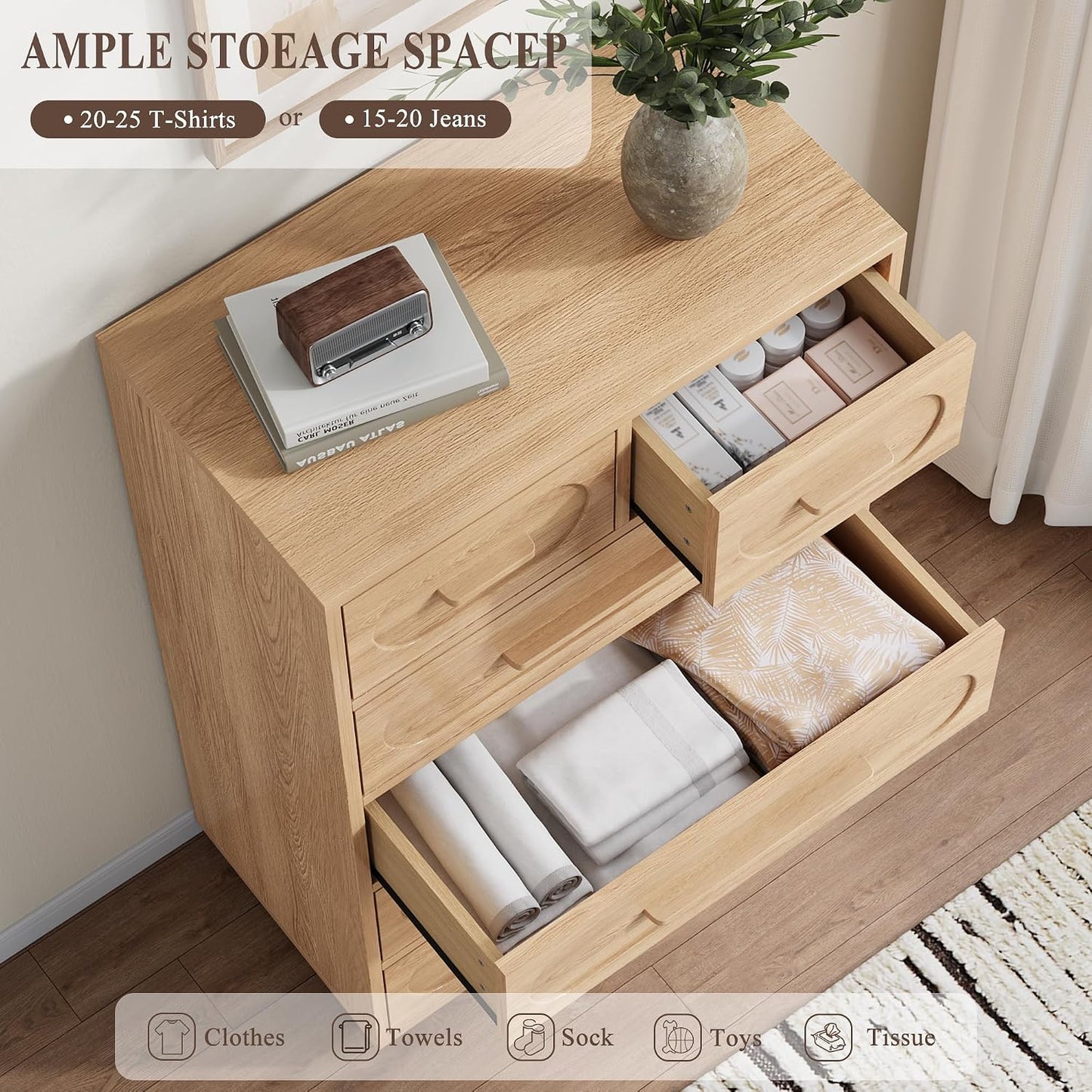 6 Drawer Dresser for Bedroom, 44" Tall Modern Chest of Drawers with Solid Wood Handle, Large Wood Storage Dresser Organizer for Bedroom, Living Room, Natural Oak