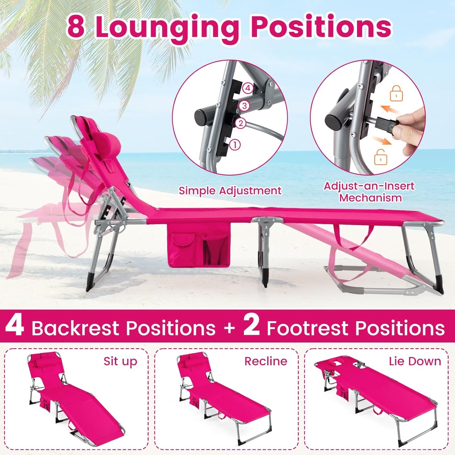 COSTWAY Tanning Chair with Face Hole, Folding Beach Lounge Chair with 4-Position Adjustable Backrest, Pillow & Side Pocket, Foldable Chaise Lounge Chair Outdoor for Sunbathing, Camping (1, Pink)