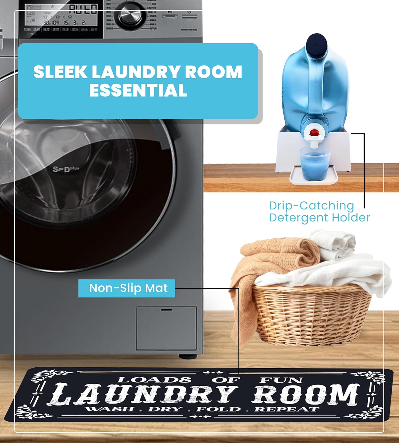 TidyFriend Laundry Detergent Holder with Laundry Room Rug Runner, Detergent Stand for Spill Protection, Non-Slip Runner Mat, and Stylish Room Organizer for Home & Laundry Spaces (Kit)