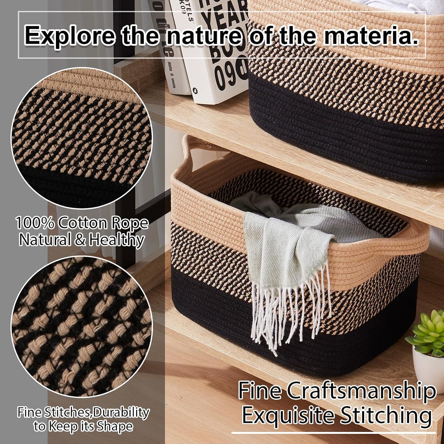 OIAHOMY Woven Storage Basket, Cotton Rope Baskets for Toys,Towel, Clothes, Used to Bathroom,Living Room,Nursery,Bedroom, 16"x12"x10"- Pack of 3, Black & Brown