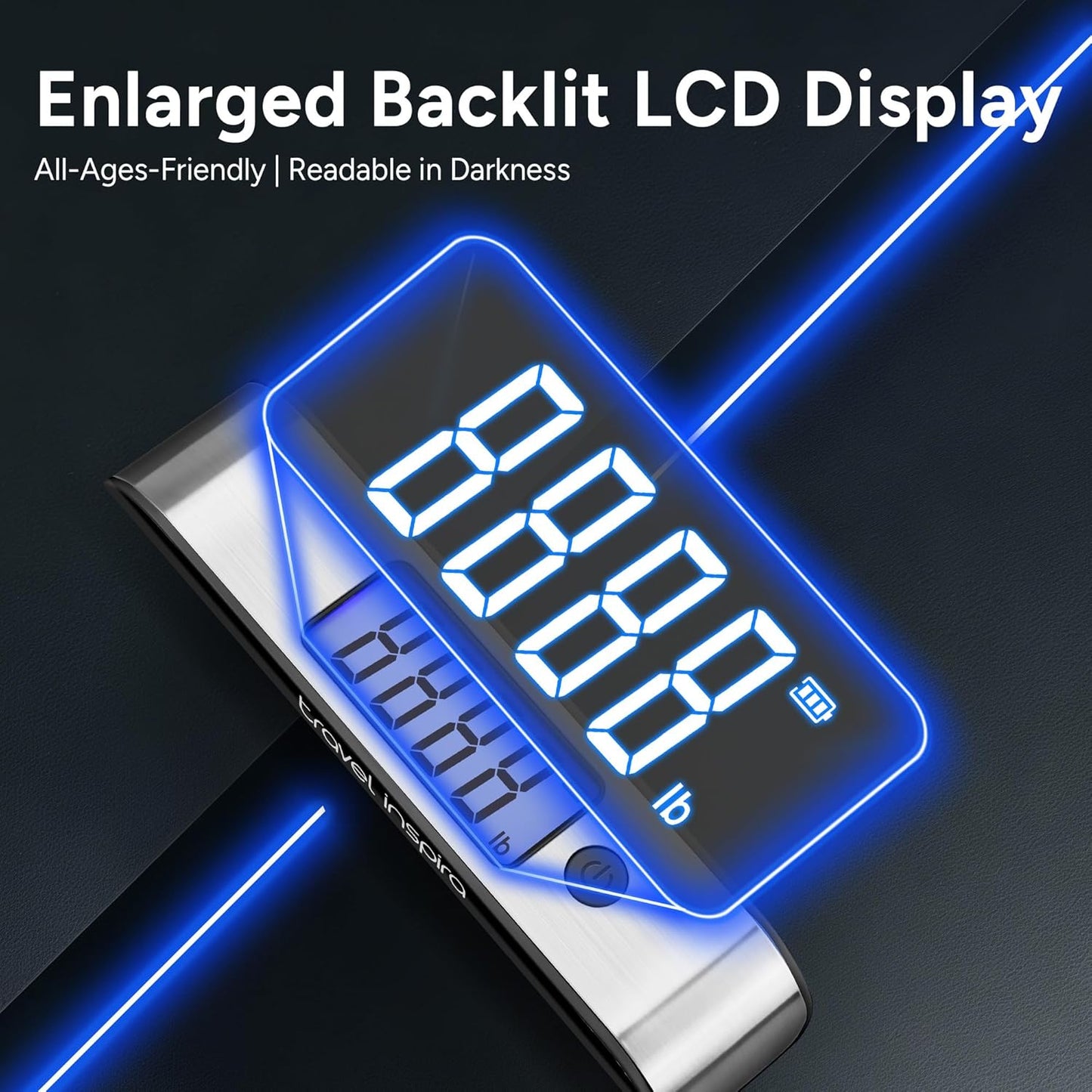 travel inspira Rechargeable Luggage Scale 110lb/50kg - Large Backlit Display - Stainless Steel - Portable Digital Hanging Scale for Suitcases, Bags, Packages (USB -C Charging Included)