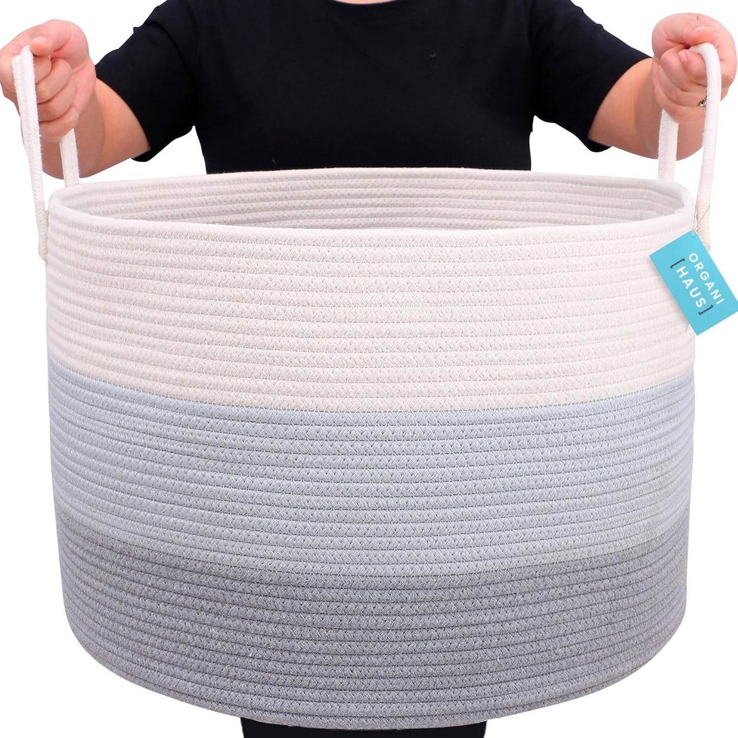 OrganiHaus Round Toy Basket & Blanket Basket, Cotton Rope 20x13" | 3-Toned Gray - Round Cotton Rope Basket, 20x13"