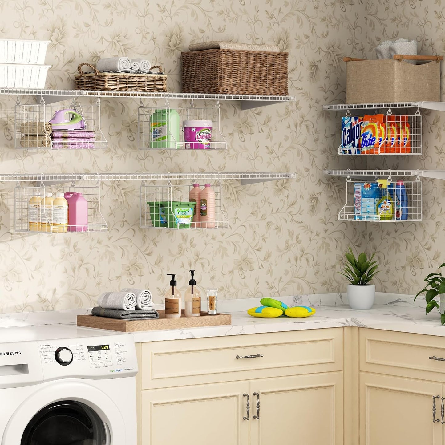 3-Tier Foldable Laundry Basket Organizer with Rotating Hooks - Space-Saving Over Washer and Dryer Shelf for Laundry Room Organization and Storage, Durable Wire Shelving Unit, White