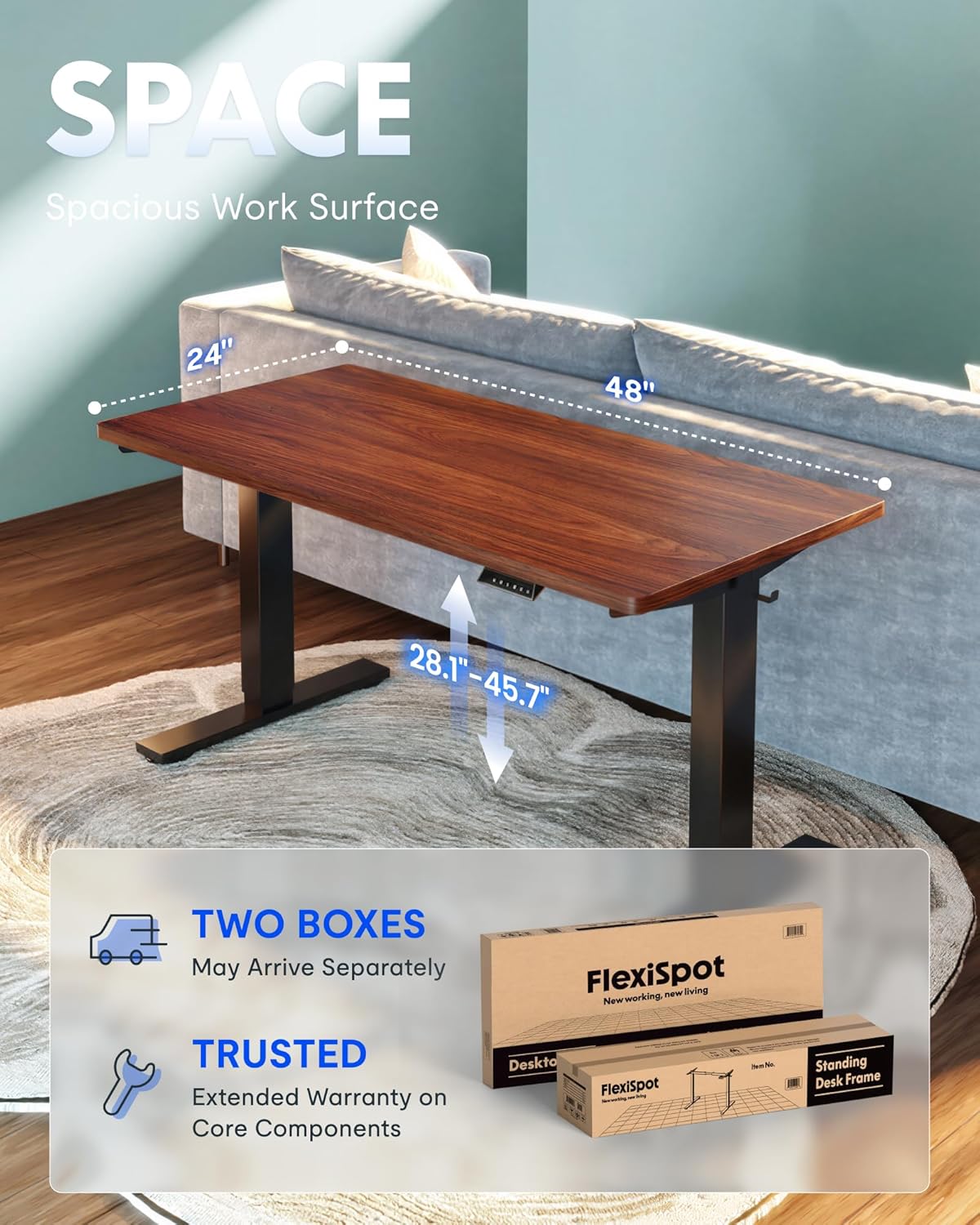 FLEXISPOT EN1 One-Piece Standing Desk, Electric Adjustable with 4 Memory Presets, 176 LBS Capacity, Stable & Quiet, Seamless Desktop for Home Office & Dual Monitors, 48"x24" Mahogany
