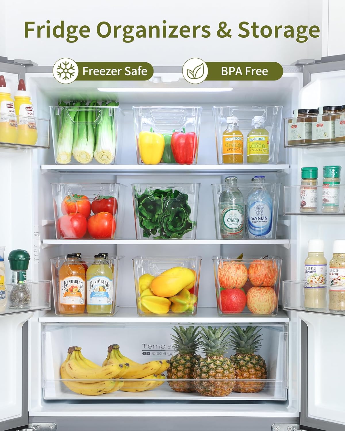 iCASA Clear Organizer Bins - 6 Pack Plastic Pantry Organizers & Storage Containers with Handles & Labels, Home Organization Must Haves for Kitchen, Under Sink, Cabinet Fridge, Bathroom, Shelf, Laundry