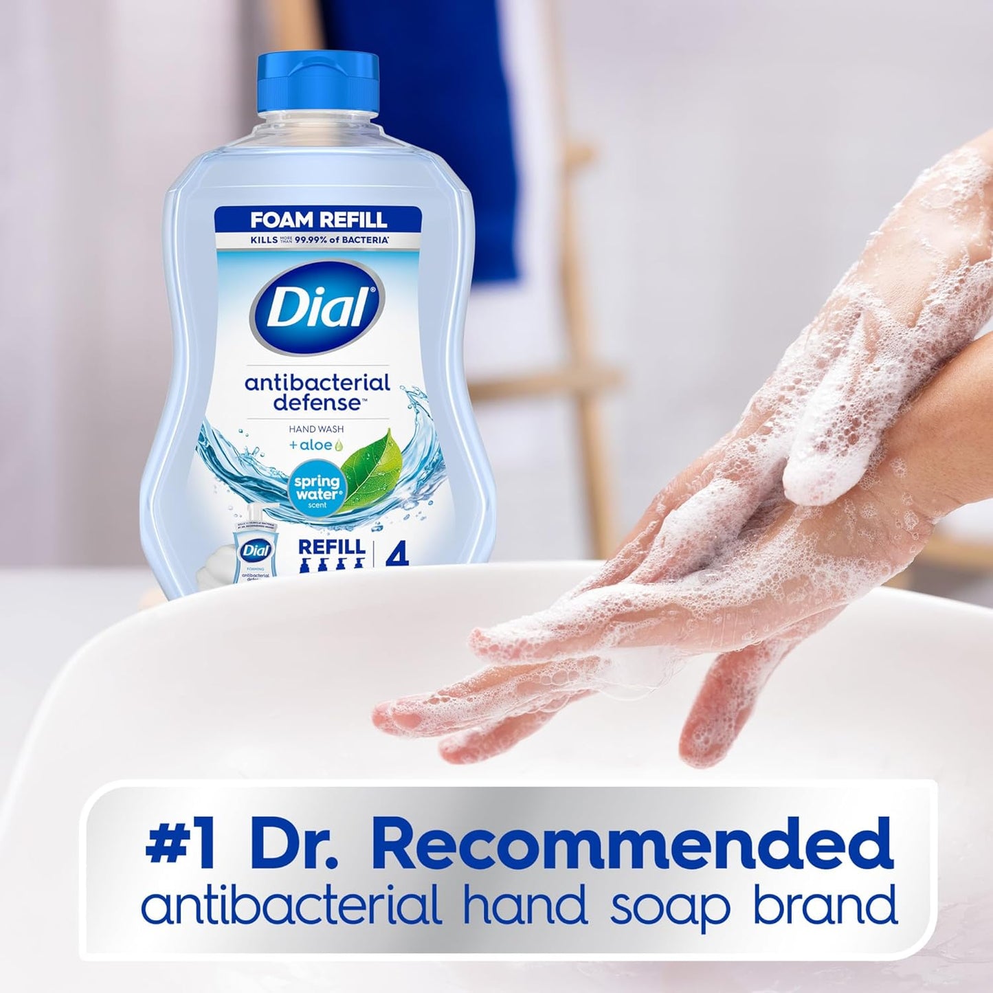 Dial Antibacterial Defense Foaming Hand Soap + Aloe, Spring Water Scent, 30 Fl Oz Hand Soap Refill (4 Pack), Dermatologist-Tested, Gentle on Skin