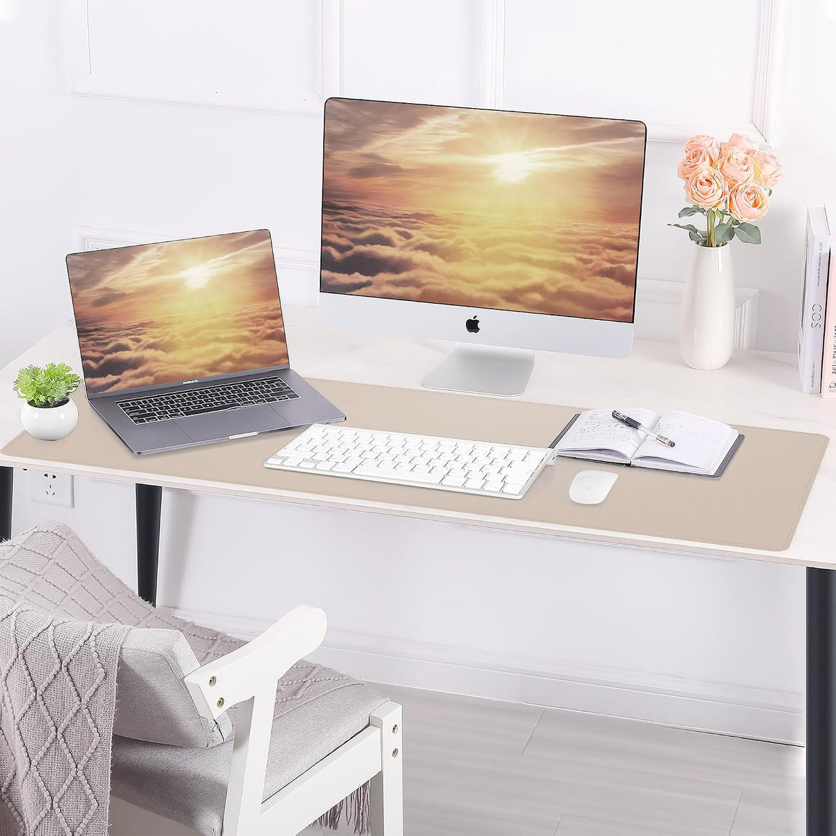 Leather Desk pad Protector, Large Desk mat with Natural Cork & PU Leather,Mouse pad,Non-Slip Office Desk Mat,Waterproof Desk Writing Pad for Office and Home (47in*17in, Beige)