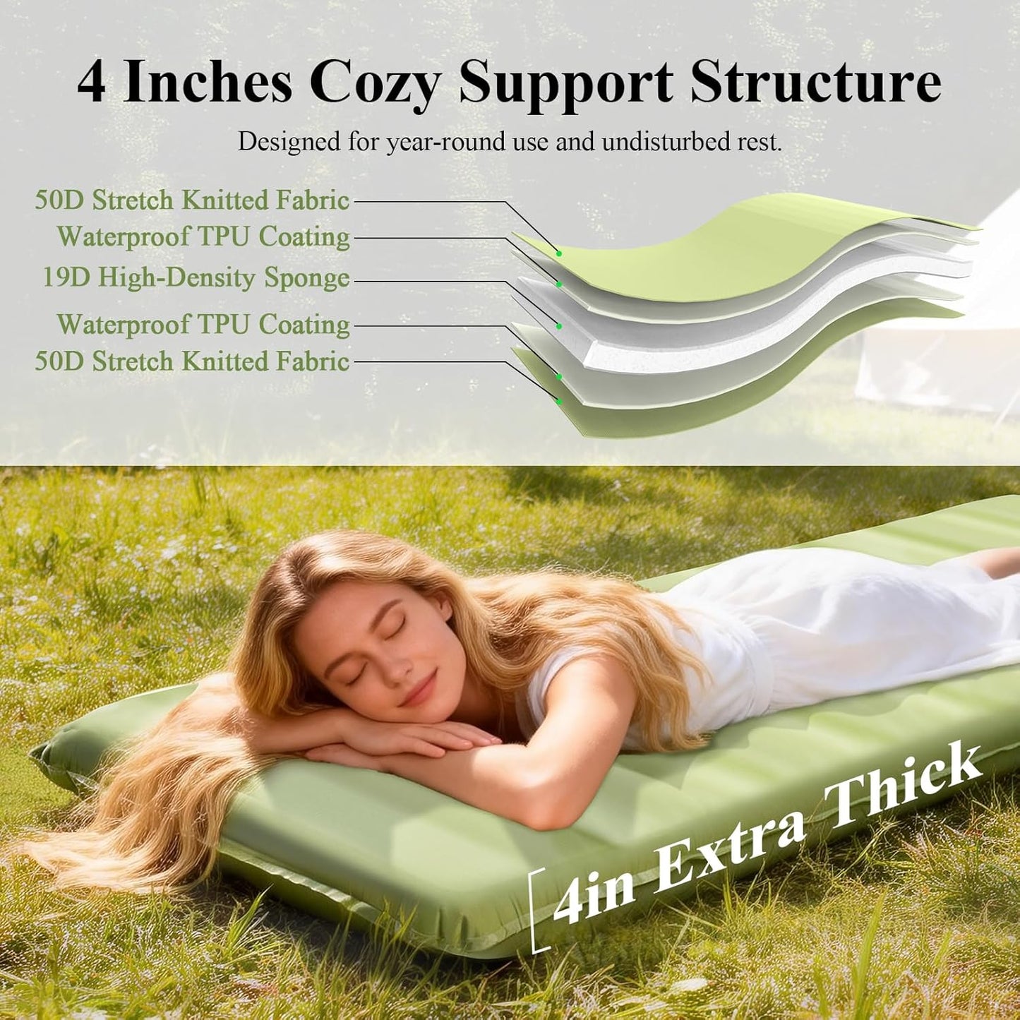 Minthouz Self Inflating Sleeping Pad, 4" Ultra-Thick Memory Foam Camping Pad with Pillow, Built-in Electric Pump Fast Inflating, 4-Season Camp Sleeping Mat for Camp/Car Travel/Tent
