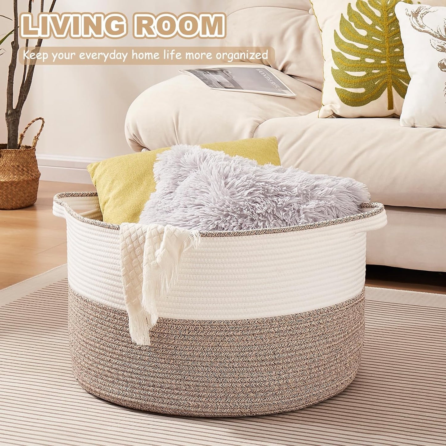 OIASKET Large Blanket Basket with Handles, 22.8" x 22.8" x 13" Woven Storage Basket for Living Room, Cotton Rope Baby Toy Storage for Clothes, Pillows, Towels-Brown & White