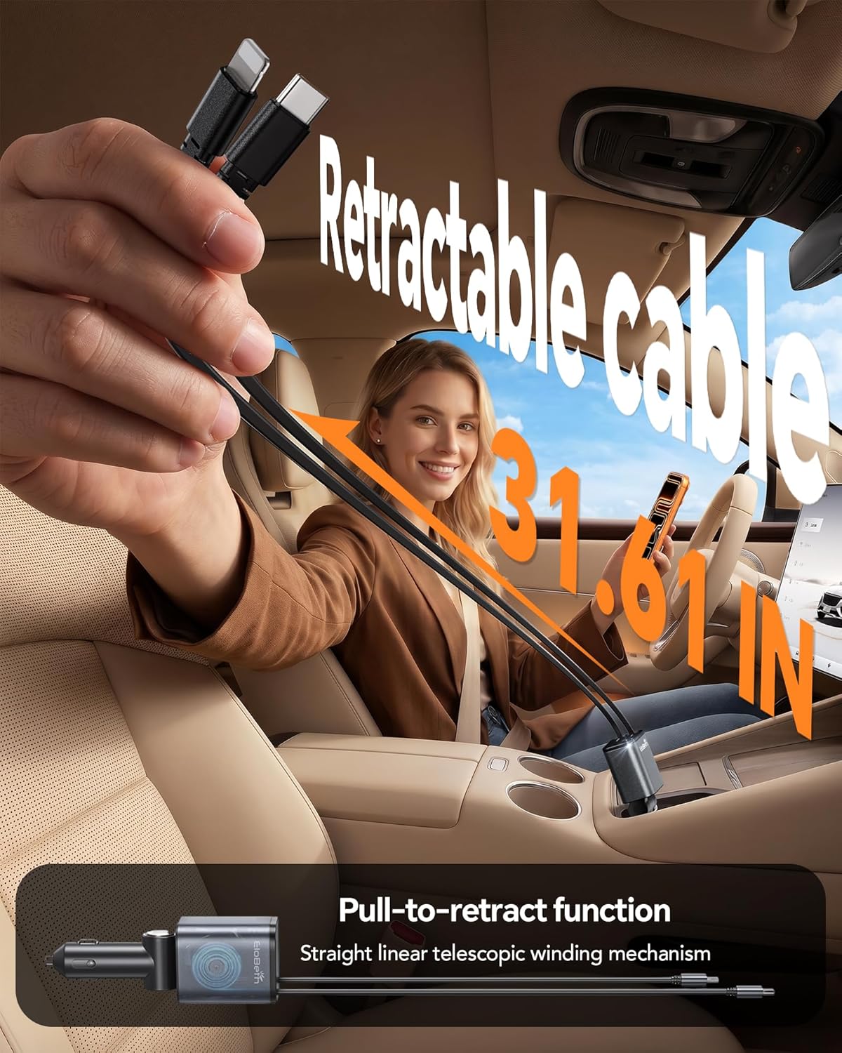 Retractable Car Charger,Car Phone Charger USB C Fast Charge,Cigarette Lighter USB Charger Car Accessories for Women,Road Trip Essentials Gift for Men,Car Charger for iPhone 17/16/15,Galaxy S26,Pixel